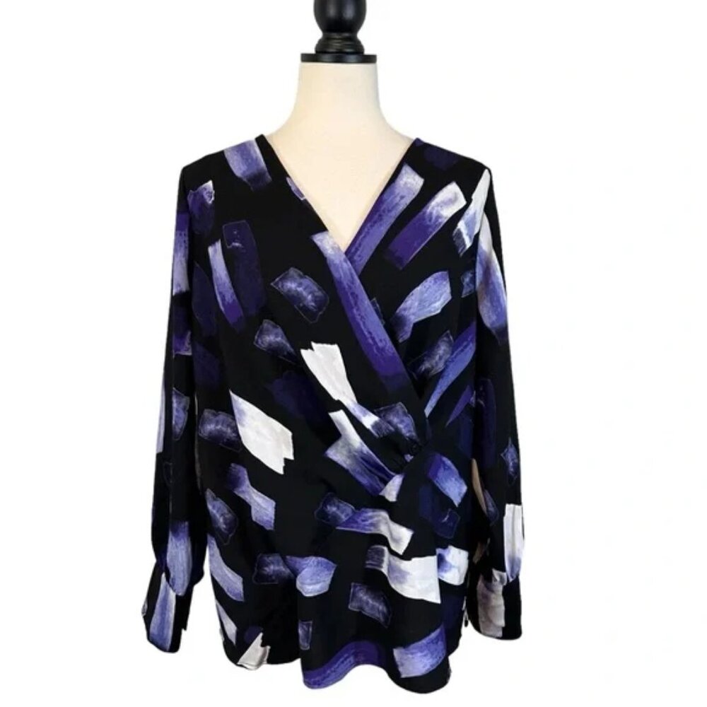 Alfani Black Purple Blouse Faux Wrap Front Long Sleeve, Size M